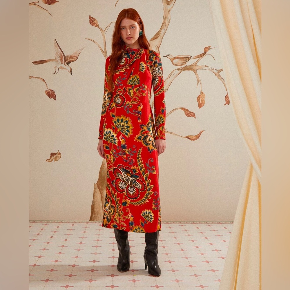 Farm Rio Red Maxi Floral Cutout Midi Dress
